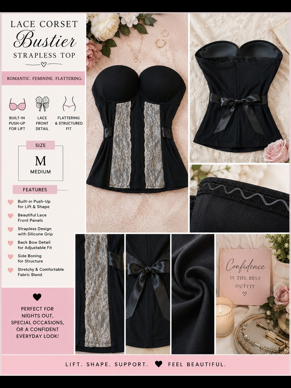 Lace Corset Bustier Strapless Top - Black - Unbranded